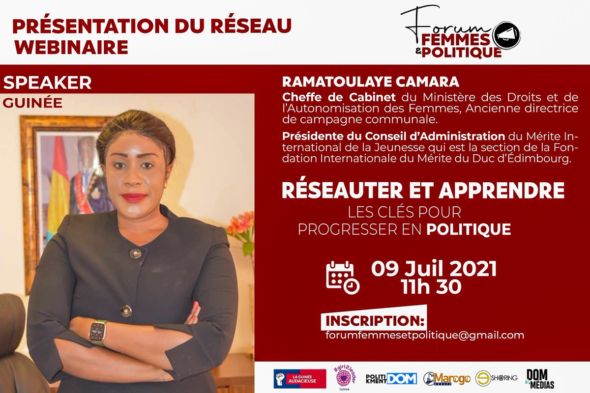 INTERVENANTE au Webinaire #WebFFP21 Réseauter et apprendre, les clés pour avancer en politique 
Ramatoulaye Camara #Guinée
 📌 Cheffe de cabinet du Ministère des droits et de l'autonomisation des femmes
📌 Femme politique Espoir 
dommedias.com/webinaire-foru…