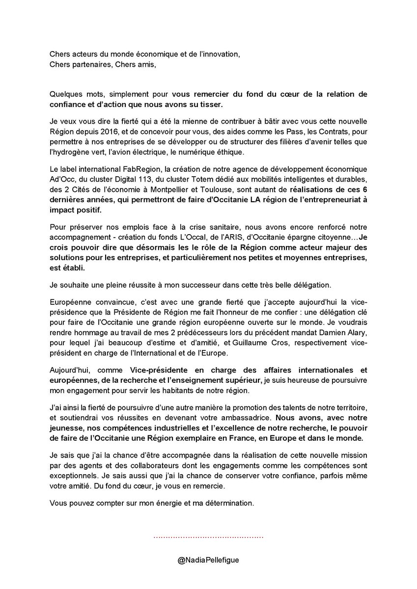 Une nouvelle Vice-présidence de l'<a href="/Occitanie/">Région Occitanie</a> et une nouvelle aventure que je suis fière d'entreprendre à vos côtés !

Cc <a href="/CaroleDelga/">Carole Delga</a>

#Merci aux acteurs économiques de notre belle Région.