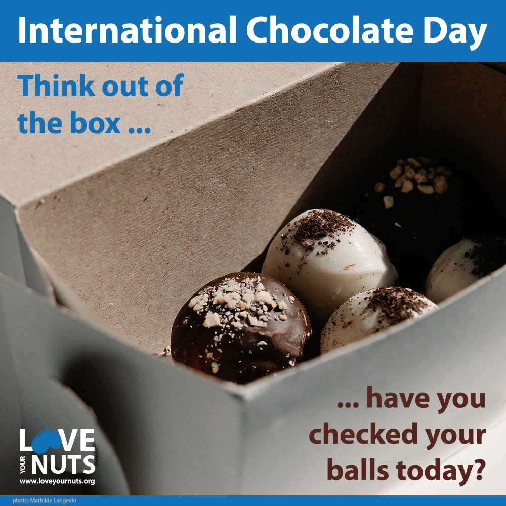 LoveYourNuts's tweet photo. International Chocolate Day!
Think out of the box ... have you checked your balls today?
#loveyournuts is #testicular #cancer education in a nutshell
#internationalchocolateday #ChocolateDay #chocoballs #chocolate https://t.co/cTrn4DvZkB