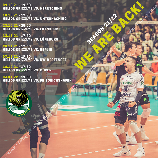 (lh) ++ Spielplan 2021/2022 ++

Stifte zücken - Termine notieren!

Der Spielplan unserer <a href="/heliosgrizzlys/">Helios GRIZZLYS Giesen</a> ist da!

#GOGRIZZLYS #heliosgrizzlys #supportyourlocalteam #Roartime #spurenhinterlassen #vbl #roartime #2122 #Hildesheim #Giesen

@volleyball_bundesliga_official