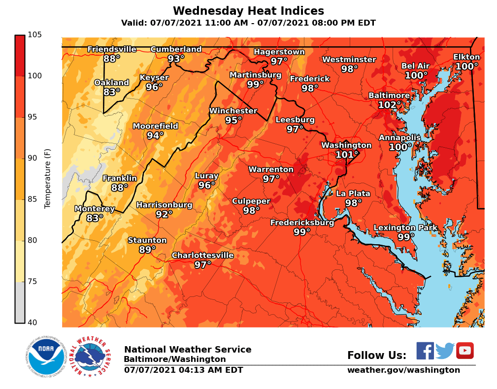 NWS_BaltWash's tweet photo. Another hot and humid day expected with heat indices in the upper 90s to low 100s. Chances for showers and thunderstorms persist this afternoon through this evening for areas mainly along and west of the Blue Ridge. https://t.co/8JYfBWPN4x https://t.co/BiICGJRlgs