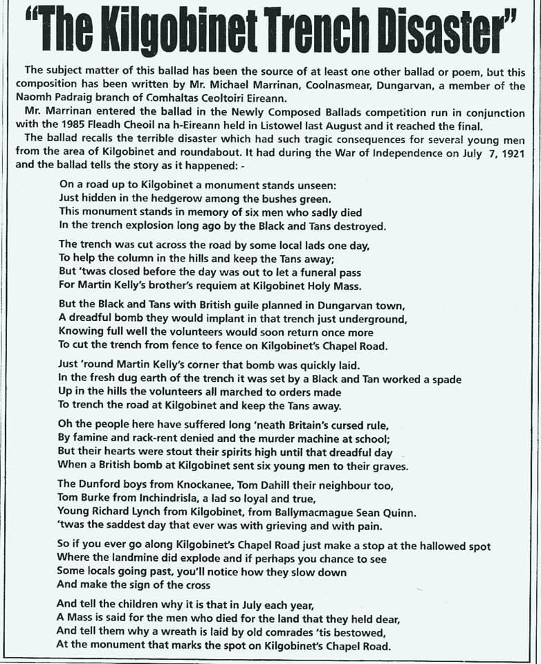 A ballad, written by Michael Marrinan from Coolnasmear remembering the Kilgobinet Trench Disaster on July 7 1921 #decadeofcentenaries #irishwarofindependence #kilgobinet