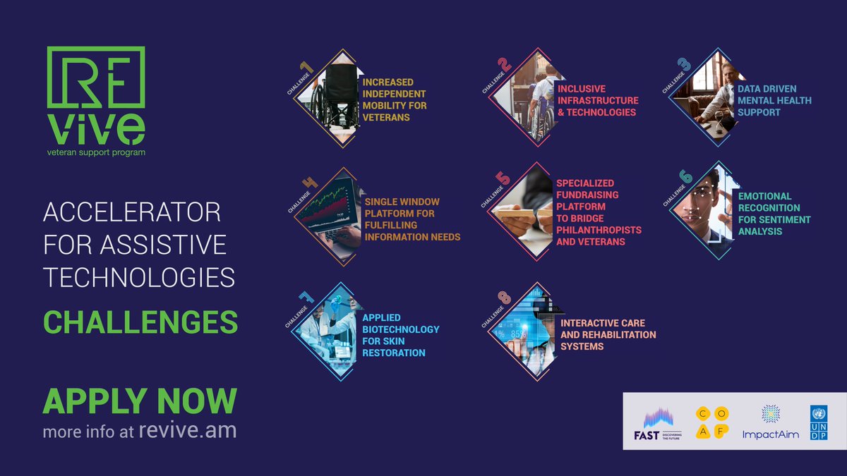 Does your growth-stage #startup suggest scalable solutions in #assistivetechnologies? Would you like to solve the challenges related to the veterans' lifestyle improvement? 
Don’t miss the chance, apply now ➡ revive.am/apply

<a href="/UNDPArmenia/">UNDP in Armenia</a> <a href="/Foundation_FAST/">Foundation for Armenian Science and Technology</a> <a href="/coafkids/">Children of Armenia Fund</a>