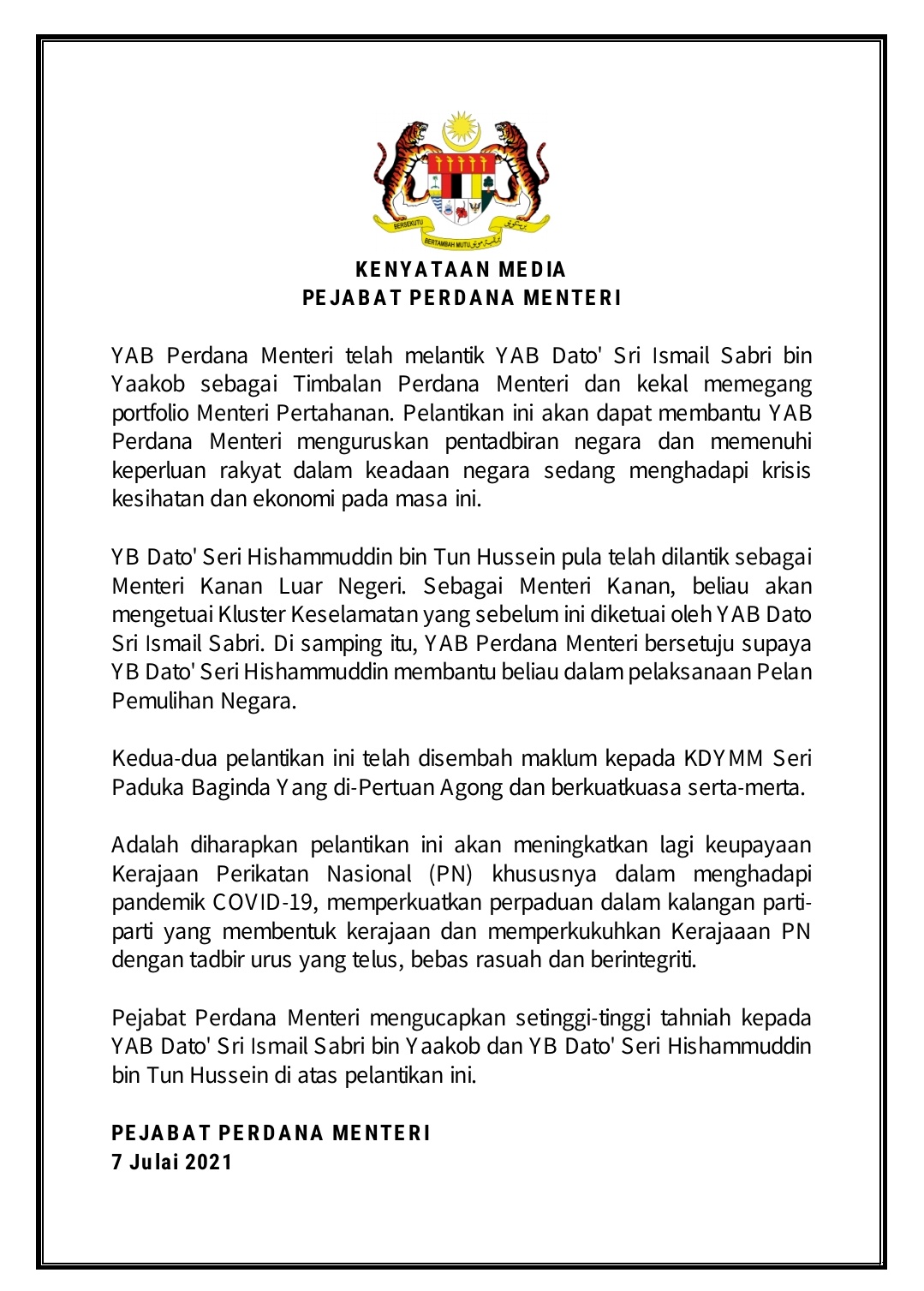 Tashny Sukumaran On Twitter Ismail Sabri Is Now Dpm Hishammuddin Hussein Is A Senior Minister Hisham Will Assist In National Recovery Plan Implementation Https T Co Jmlee3h4na Twitter