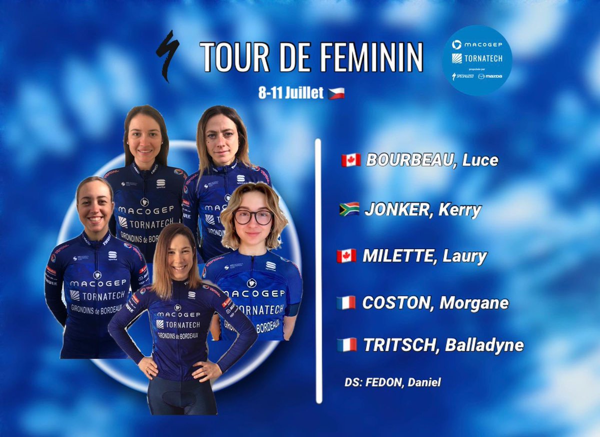 Our line-up for <a href="/TourDeFeminin/">Tour de Feminin</a> !

🇨🇦 @LuceBourbeau 
🇿🇦 <a href="/kerry_jonker/">Kerry Jonker</a> 
🇨🇦 Laury Milette
🇫🇷 Morgane Coston
🇫🇷 <a href="/BallaT33/">Balladyne TRITSCH</a> 

📆 July 8-11

📺 Livestream information will be posted on the race social media accounts so be sure to follow! 
#TourdeFeminin