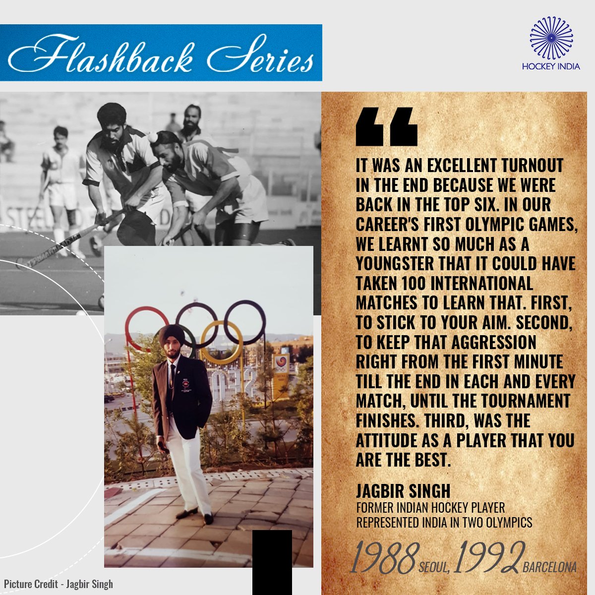 TheHockeyIndia's tweet photo. The two-time Olympian, Jagbir Singh recounts his experience from the 1988 Seoul Olympics and believes that the current Indian Men's team can create history at #Tokyo2020. 🏑
#FlashbackSeries #HaiTayyar #IndiaKaGame #StrongerTogether #HockeyInvites #WeAreTeamIndia #Hockey https://t.co/vTQDScHqF0