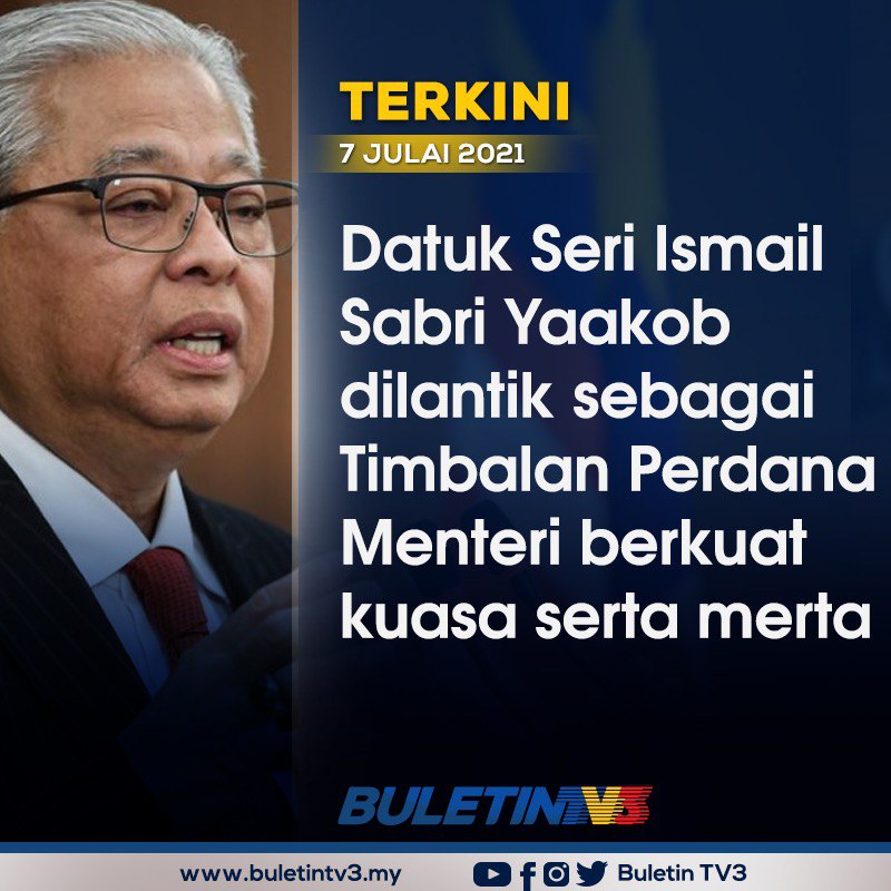 BuletinTV3's tweet photo. TERKINI | Datuk Seri Ismail Sabri Yaakob dilantik sebagai Timbalan Perdana Menteri berkuat kuasa serta merta. - Pejabat Perdana Menteri https://t.co/uvwaFELBK1