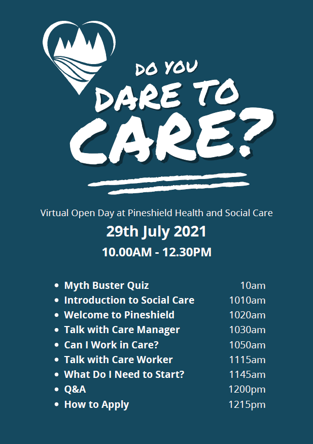 CdfCommitment's tweet photo. Do you Dare to Care?

Join @Pineshield for their virtual open day on the 29th of July 10am-12pm to learn more about Health and social care and how to get started in the industry!

Sign up here 👉 https://t.co/UHpgYGgU0A https://t.co/rcM5oMrGxO