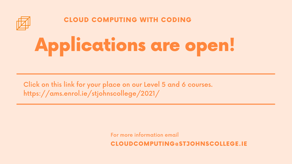 #Applications are being taken to #EnhanceYourSkills or #LearnNewSkills with #CloudComputing And #Coding. 
Giving you #opportunities to #progress to #HigherEducation or secure an #ITjob with local industries. 
Apply today at ams.enrol.ie/stjohnscollege…
cloudcomputing@stjohnscollege.ie