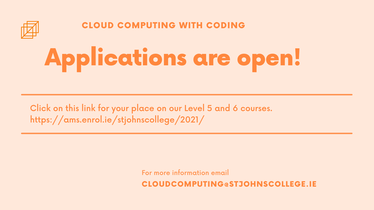 CloudCompCCFET's tweet photo. #Applications are being taken to #EnhanceYourSkills or #LearnNewSkills with #CloudComputing And #Coding. 
Giving you #opportunities to #progress to #HigherEducation or secure an #ITjob with local industries. 
Apply today at https://t.co/ENXFpupfFL
cloudcomputing@stjohnscollege.ie https://t.co/a0cZY6EF5r