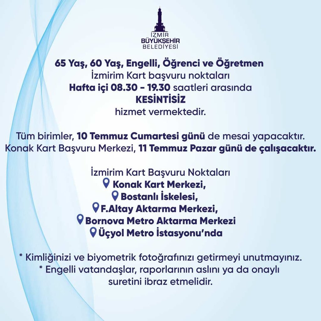 تويتر izmir buyuksehir belediyesi على تويتر toplu ulasimda kisitliliklarin sona ermesiyle birlikte ozellikle 65 yas ustu yurttaslarimizin izmirim kart basvurularinda yogunluk yasanmaktadir basvuru noktalarimizda mesai gun ve saatleri artirilmistir