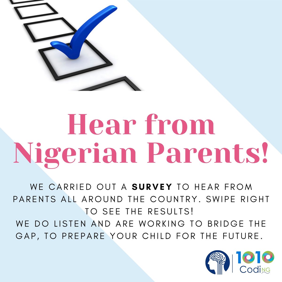 1010Coding's tweet photo. Survey results showing feedback from Nigerian parents about preparation of their children for this tech driven future.

#1010Coding #Tech #Coding #Future #Education #OnlineScool #OnlineEducation #ELearing #SummerCamp #LiveClasses #RemoteLearning #SecondarySchool #Nigeria #Naija https://t.co/VzHvA3RSt5