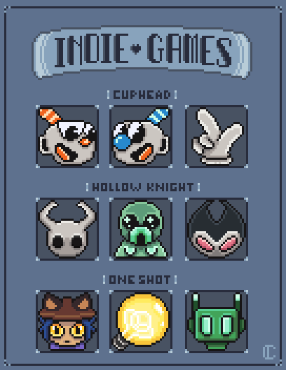 CornaPix's tweet photo. For @Pix2getherEvent , I made those emotes based on indie games ! I love these games so much 😻 ! 
(Theme : 9 Twitch emotes / Fan art)

[Please don't use them without my consent]
#pixelart #PixTogether #indiegames #emotesDesign #HollowKnight #CupHead #oneshot #fanart #aseprite https://t.co/EsJN9LdTi7