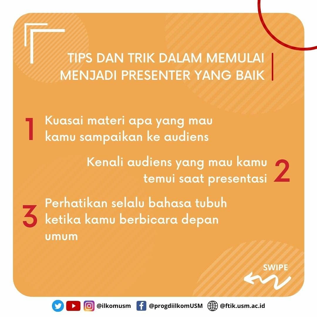 ilkomUSM's tweet photo. 6 hal yang bisa bikin kamu jadi presenter handal. •Daftar Kuliah Cukup #dirumahsaja dengan mengakses https://t.co/VMUJYMzHMv | yuk bergabung bersama kami di Program Studi S1 Ilmu Komunikasi Universitas Semarang• https://t.co/WrZ5oLXrLf