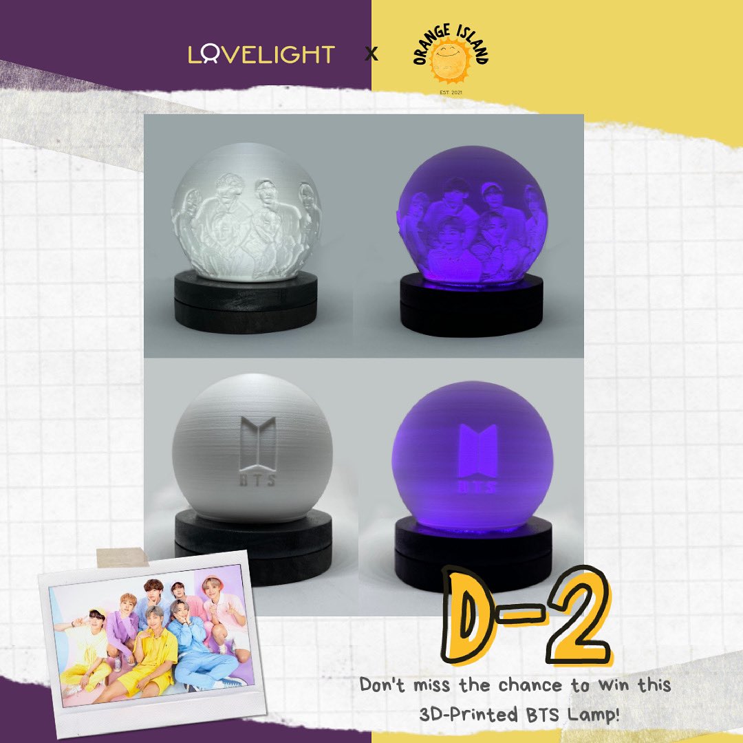 shop_lovelight's tweet photo. ‼️2 days left ‼️

You can still join Lovelight x @orangeislandph 💜ARMY Birthday Giveaway 💜

Win this 3D-Printed BTS Lamp 🔮. Visit https://t.co/dV2otJobWW 🍊🏝for the mechanics! 

 #kpopmerch #kpopmerchandise #kpopmerchph #kpop  #BTS #BTSarmy #ARMYBirthday https://t.co/oCuPQr6BPk