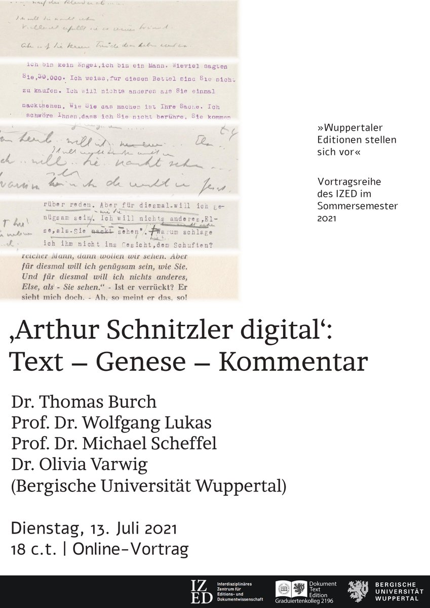 Für alle Interessierten:
Nächsten Dienstag gibt es um 18.15 Uhr eine Projekt-Vorstellung via Zoom von "#ArthurSchnitzler digital"

schnitzler-edition.net
<a href="/UniWuppertal/">1337</a> <a href="/CDHTrier/">Trier Center for Digital Humanities @tcdh@fedihum</a> 
#DigitaleEdition

Infos und Link:
ized.uni-wuppertal.de/de/aktuelles/a…