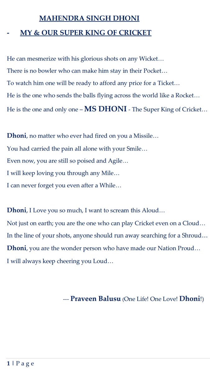 PraveenBalusu1's tweet photo. My 40-liner poem on the occasion of Super Happy 40th Birthday of our Thala Dhoni @msdhoni @ChennaiIPL @CSKFansOfficial #THA7A #WhistlePodu #Yellove #WhistlePoduArmy #HappyBirthdayMSDhoni #HappyBirthdayMSD #HappyBirthdayDhoni #MSD40 #Dhoni #Thala https://t.co/GfVrKVShsz