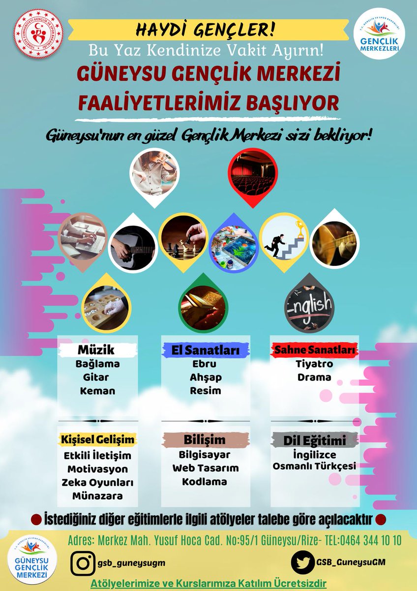 👫KIYMETLİ GENÇLER

☀️BU YAZI HEP BİRLİKTE ÇOK BEKLEDİK

Gençlik Merkeziniz Sizler İçin Hazır
Bu yaz kendinize zaman ayırın

🎼Müziği
🧑‍🎨Sanatı
📖Kültürü...
kısaca 
❤️‍🩹İç Dünyamızı Telafi edelim.

⬇️Afiş tadımlık, dahası merkezinizde.