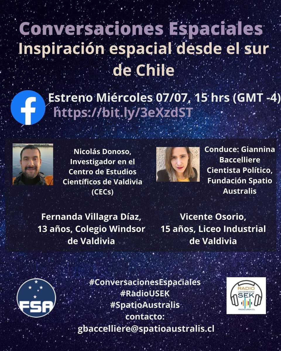 Hoy no te pierdas un nuevo capítulo de #ConversacionesEspaciales donde estaremos hablando sobre la "Inspiración Espacial desde el Sur de Chile".
Ya lo sabes, este miércoles desde las 15 hrs. no te pierdas Conversaciones Espaciales por #RadioUSEK