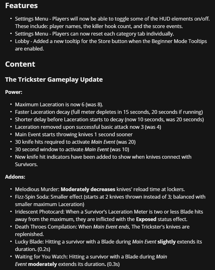 Leaksbydaylight Dead By Daylight Leaks More V5 1 0 Ptb Patch Notes What Do You Think About The Changes To The Trickster The Ptb Will Be Released