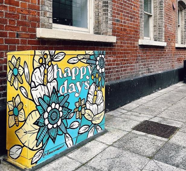 Amazing what a splash of colour can do! Artist Danni Simpson has been hard at work giving the first of five utility boxes a makeover in <a href="/LinenQuarterBID/">Linen Quarter BID</a> area, behind City Hall. It's all part of our Belfast Canvas project, supporting local artists &amp; improving our public spaces.