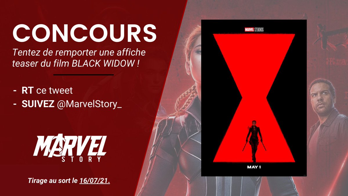 MarvelStory_'s tweet image. 💥#CONCOURS💥

À l'occasion de la sortie de #BlackWidow au cinéma, nous vous faisons gagner une affiche du film !

Pour cela :
• Suivre @MarvelStory_
• Retweeter ce tweet

Tirage au sort le 16 juillet 2021 !