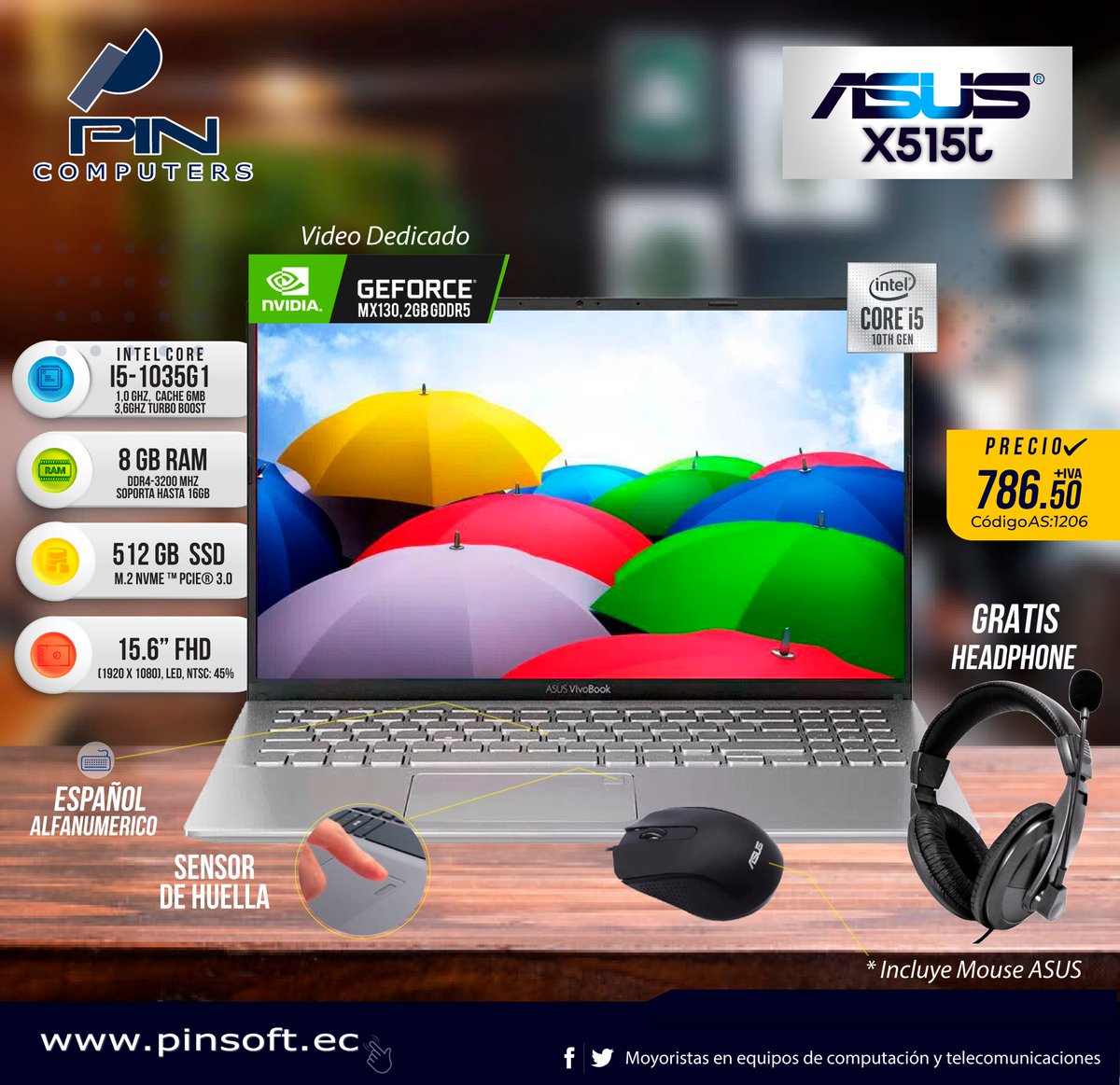 PINSOFTCOMPUTER's tweet photo. ¡Fácil portabilidad. Productividad sin esfuerzo ASUS X515J !🤩
con Intel i5-1035G1, 10ma. Gen., 8GB RAM, 512GB SSD PCIe, NVIDIA® GeForce® MX130, 2GB GDDR5, 15.6" FHD, Lector de Huellas, Español + numérico *Incluye Mouse Asus https://t.co/jKPUIROMOE