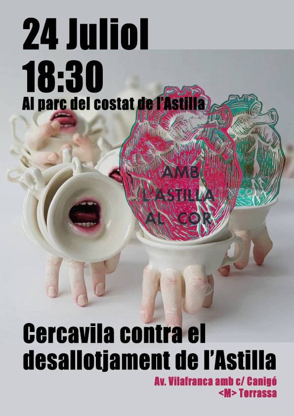 Manifestació contra el desallotjament de L'Astilla.
🕑 24 de juliol 18:30

Davant el desallotjament imminent del CSO, us demanem màxima difusió. La solidaritat la nostra millor arma!
Encara no tenim una data exacta, atentes a les xarxes per a futura informació. 

#AmblAstillalCor