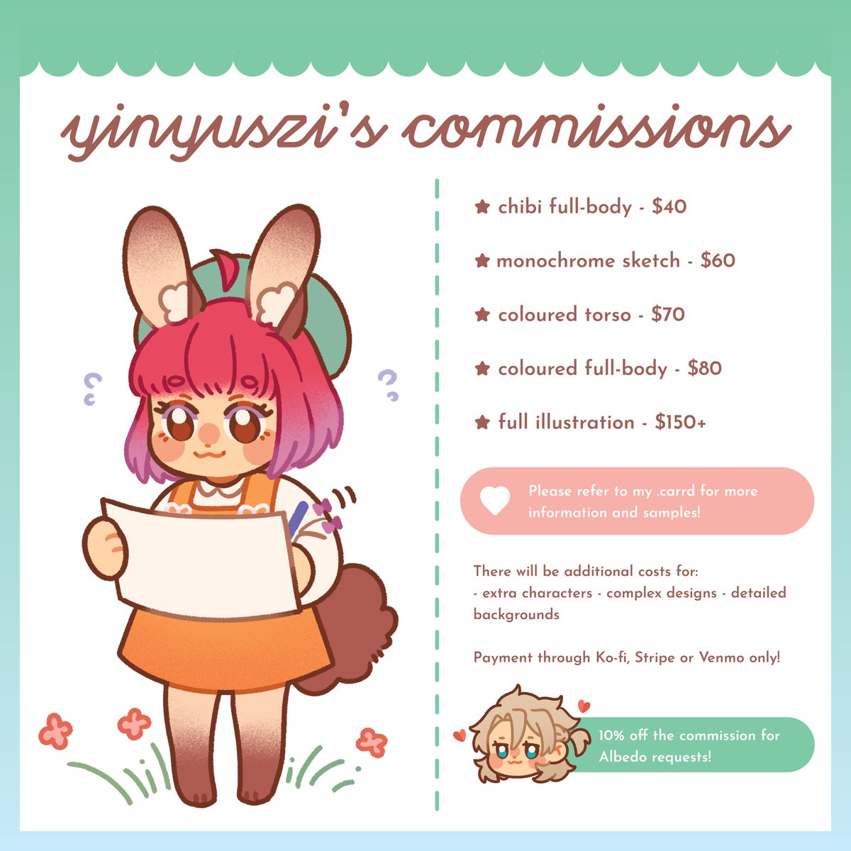✨🌈#commissionsopen!!!🌈✨
[RTs/Sharing highly appreciated!!]

Questions? DM or Email me at yinyuszii@gmail.com!
More info in replies and my .carrd ⬇️ 