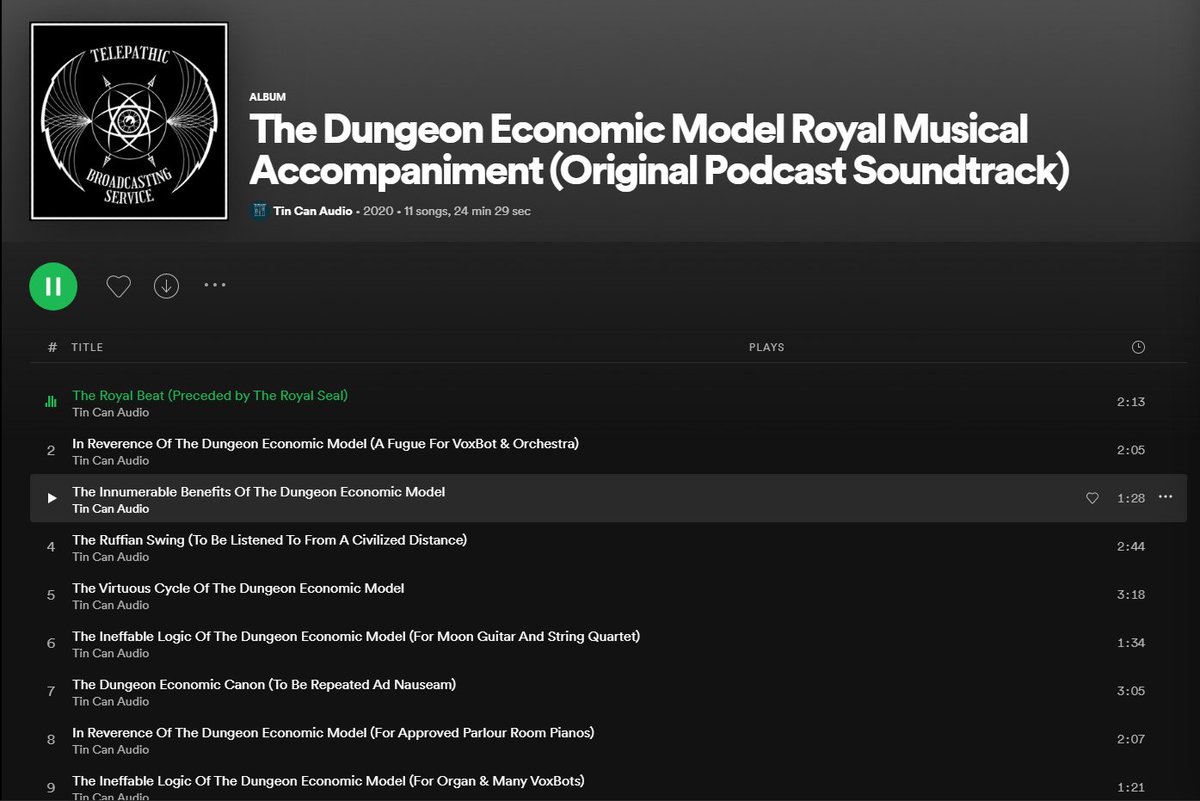 DungeonModel's tweet image. Good news! Due to downsizing and government competition laws, a Royal Charter has been granted to telepathic broadcasters Spot-ee-fie, meaning you can now enjoy The Dungeon Economic Model Royal Musical Accompaniment via voluntary mind incursion

open.spotify.com/album/4Gtuthll…