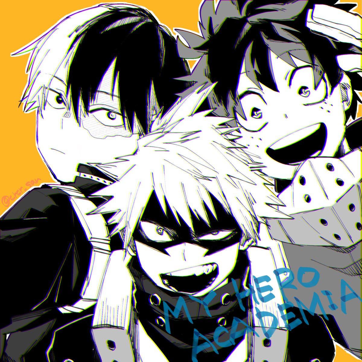 bakugou katsuki ,midoriya izuku ,todoroki shouto male focus multiple boys 3boys scar burn scar open mouth split-color hair  illustration images