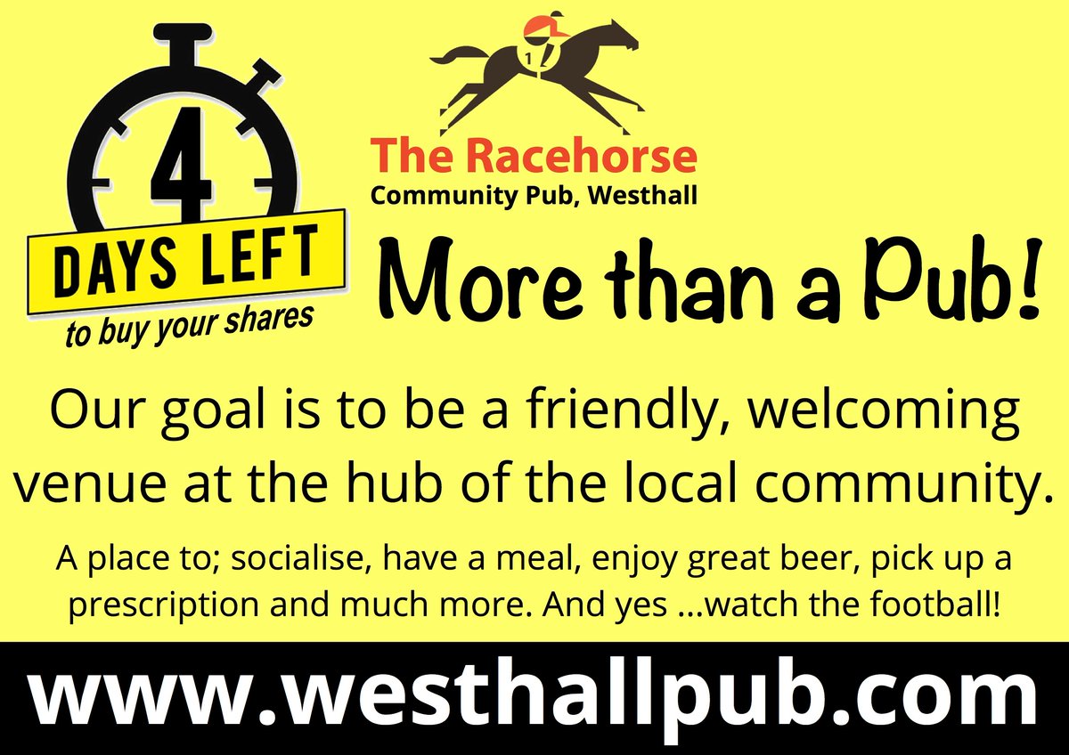 Westhall Racehorse Community Pub (@wracehorse) on Twitter photo Just four days left to #savethehorse we are making great progress, so a big final push! <a href="/James_Plunkett/">james alcock</a> @PlunkettFoundat <a href="/RogerProtzBeer/">Roger Protz</a> @SaveOurBlueBell <a href="/FoxGarboldisham/">Fox Inn Garboldisham</a> <a href="/KeysRedgrave/">Cross Keys Redgrave</a> <a href="/mrjamesob/">James O'Brien</a> <a href="/UKHospKate/">Kate Nicholls OBE</a> @thelocksinn <a href="/PubistheHub_uk/">PubistheHub</a> <a href="/CampaignforPubs/">Campaign for Pubs</a> <a href="/ChefTomKerridge/">Tom Kerridge</a> Just four days left to #savethehorse we are making great progress, so a big final push! <a href="/James_Plunkett/">james alcock</a> @PlunkettFoundat <a href="/RogerProtzBeer/">Roger Protz</a> @SaveOurBlueBell <a href="/FoxGarboldisham/">Fox Inn Garboldisham</a> <a href="/KeysRedgrave/">Cross Keys Redgrave</a> <a href="/mrjamesob/">James O'Brien</a> <a href="/UKHospKate/">Kate Nicholls OBE</a> @thelocksinn <a href="/PubistheHub_uk/">PubistheHub</a> <a href="/CampaignforPubs/">Campaign for Pubs</a> <a href="/ChefTomKerridge/">Tom Kerridge</a>