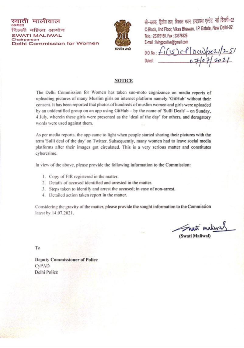 SwatiJaiHind's tweet photo. Issued Notice to Police on a very serious matter of cyber crime where pictures of several Muslim women were displayed online without their consent and termed as ‘Sulli Deal of the day’. FIR should be registered and strong action should be taken. 

#SulliDeals https://t.co/MyvKGTsvJ1