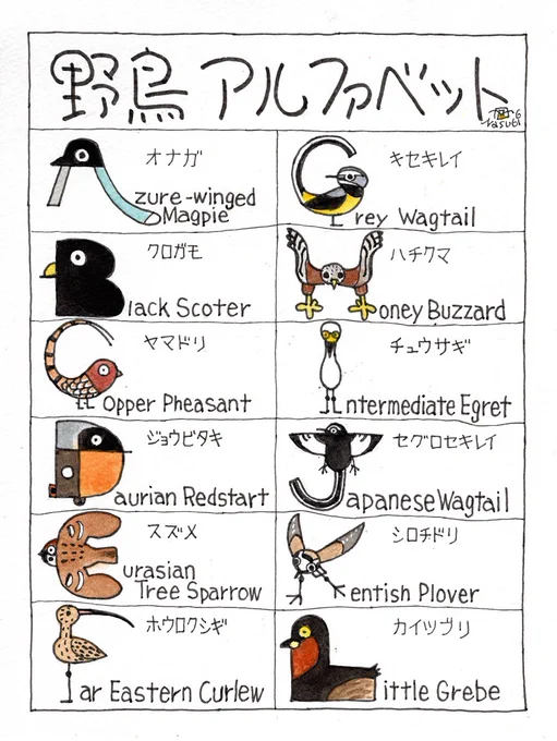野鳥でアルファベットを描いてみました。QとXは該当する日本の鳥はいませんでした。 