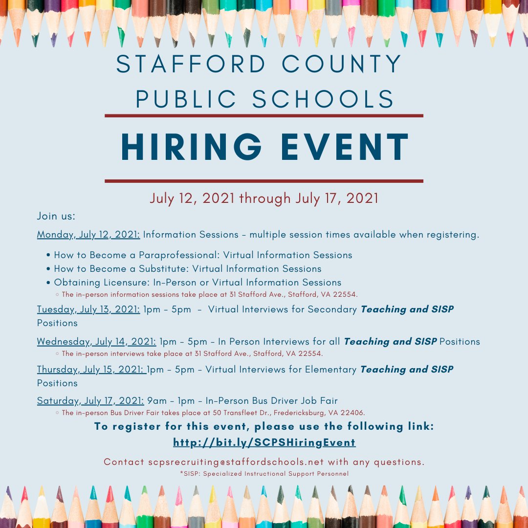 Join us at our Stafford County Public Schools July Hiring Event! Use the link below to register for this event, or visit our website at buff.ly/3tOM0LZ for registration information. We look forward to seeing you!⠀
⠀
buff.ly/3w5Zd4s
