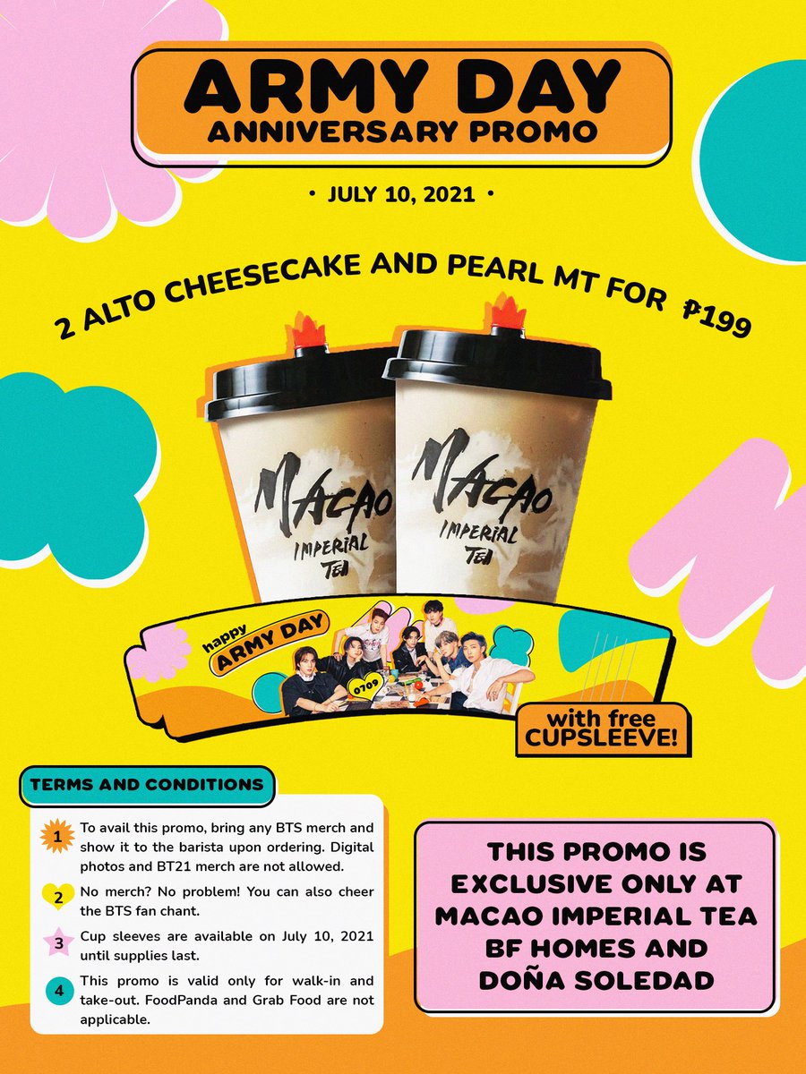 southernbts's tweet photo. Rain or shine, this weekend will be hot like summer coz it’s ARMY day &amp; comeback weekend! 💜

Cool down with a cup or two of milk tea, &amp; get a free cup sleeve!🧋

🗓 Jul 10 (Sat) ‘til supplies last 
📍 Macao Imperial Tea - BF Homes &amp; Doña Soledad

#HappyARMYDay
#SouthernBTSEvents https://t.co/LULeT5y6n9