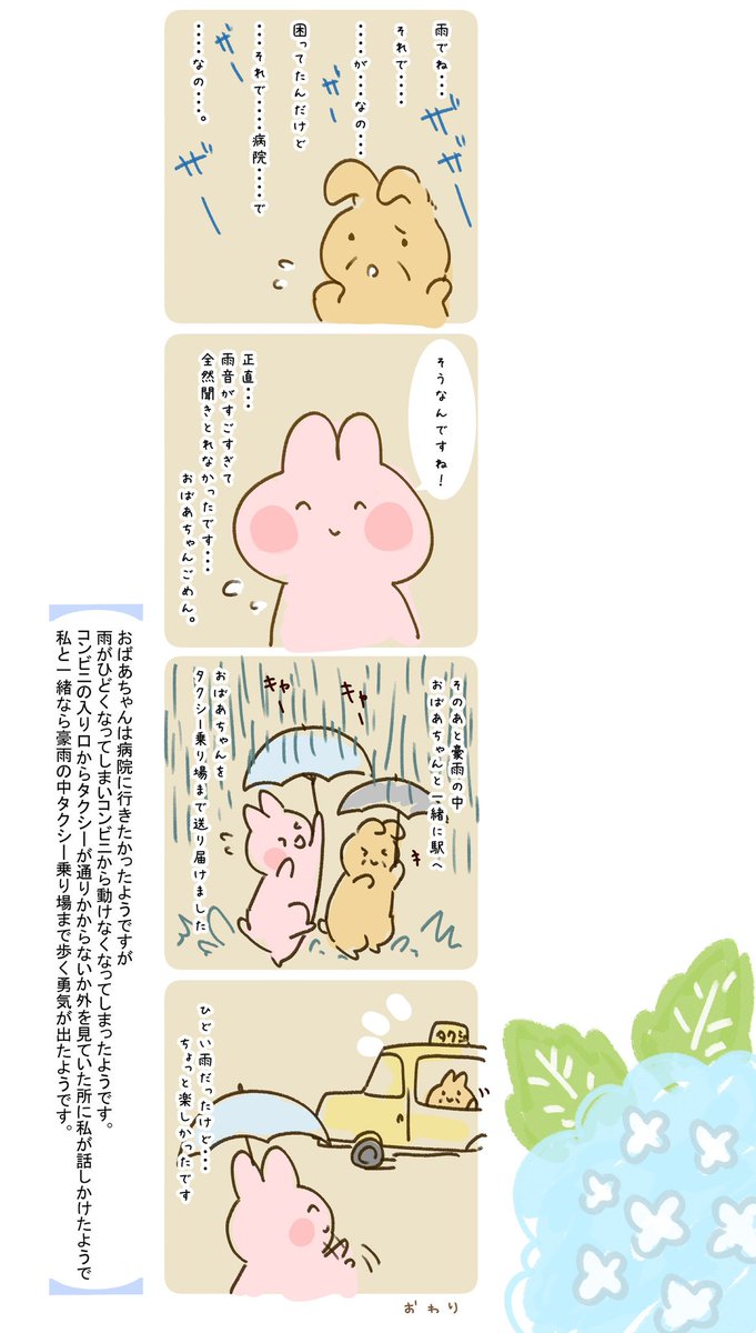 ☔豪雨☔

今日

知らないおばあちゃんと一緒に

豪雨の中

歩いたおはなし 