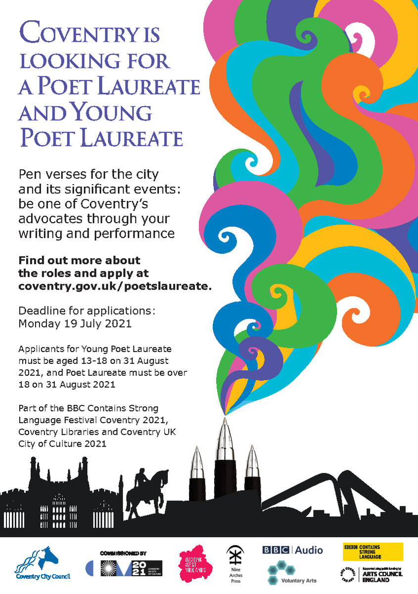 Could you be Coventry's Young Poet Laureate? Closing date for applications is Monday 19 July coventry.gov.uk/poetslaureate @coventrycc @CovYouthCouncil @Covactivists @positiveyouth96