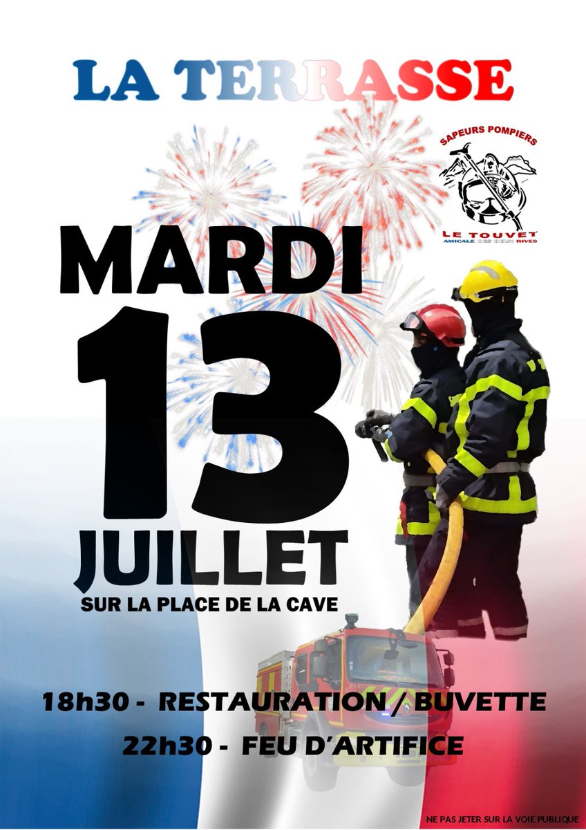 csletouvet's tweet photo. L'amicale des sapeurs pompiers des Deux Rives vous convient le 13 juillet🇨🇵 à La Terrasse, place de la Cave, à partir de 18h30 pour la restauration/buvette🍹🍟, puis au feu d'Artifice à 22h30 🎆
#13juillet #14juillet #laterrasse #pompiers #feudartifice #gresivaudan #Isere https://t.co/tCNGXmMNL0