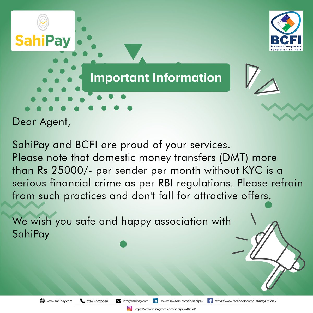 As per RBI guidelines, DMT without KYC of more than 25000/- per sender per month is a financial crime. Do safe and secured payment with #sahipay.
#absahipaykaregaindia #integrated #platform #finacialservices #banking #payments #domesticmoneytransfer #digital #aeps #fintech