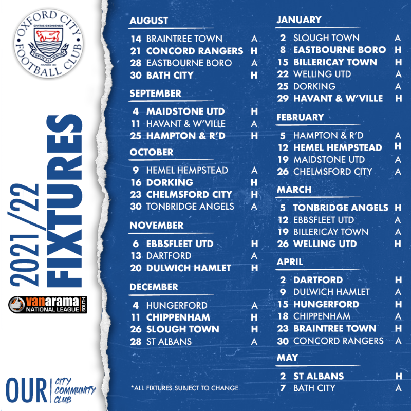 OxCityFC's tweet photo. 🗓 Here we go...

Here are our 2021/22 National League South fixtures! 

#OurCity #OurCommunity #OurClub
