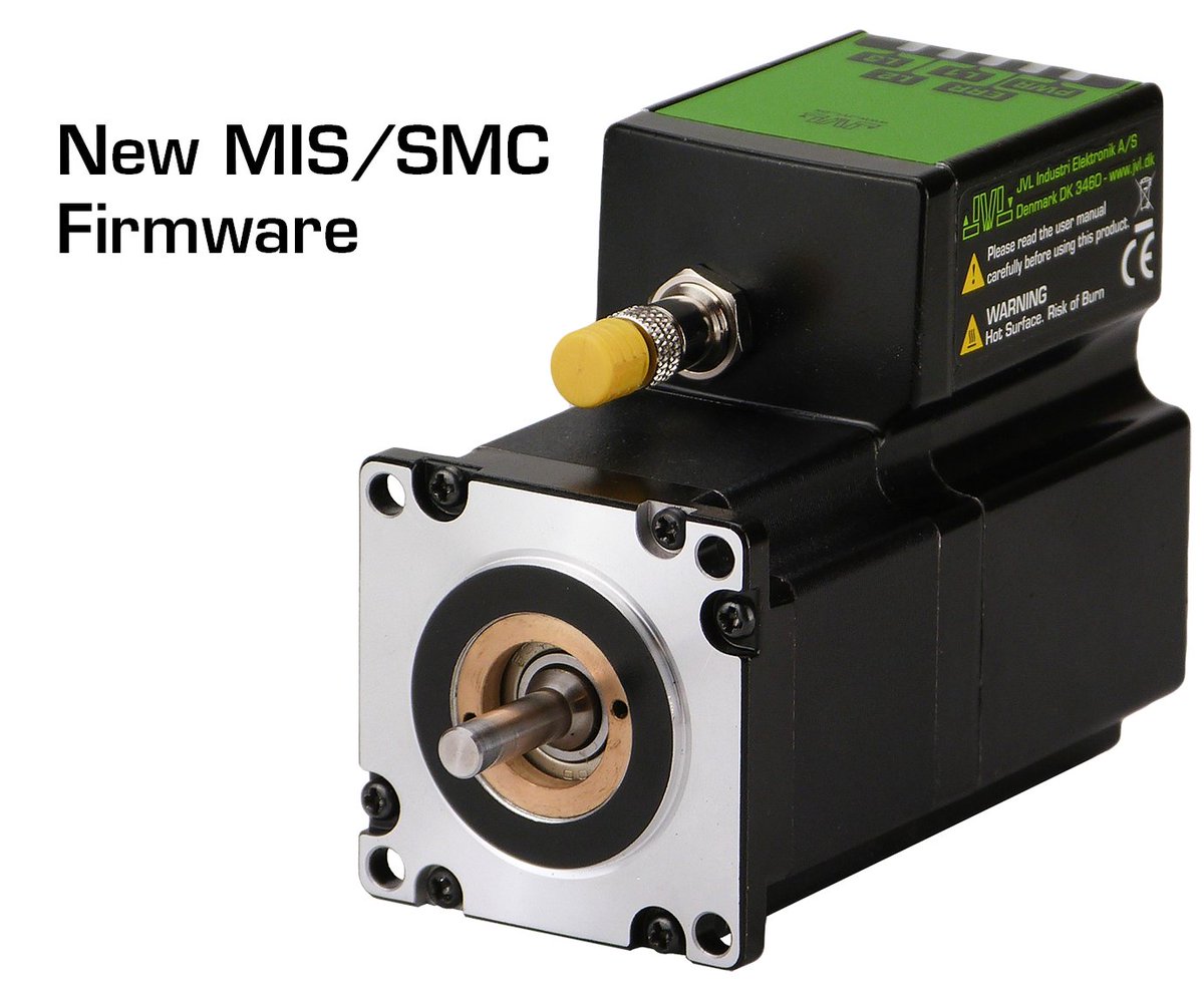 New MIS/SMC Firmware v5.04
• Support for CanOpen DSP402, CanOpen J1939
• DMX512 &amp; Modbus support on RS485 and RS422 channels
• Stall detection for external encoder for non-closed-loop applications
• Support for IO-Link
Download FW and release notes jvl.dk/429/Firmware