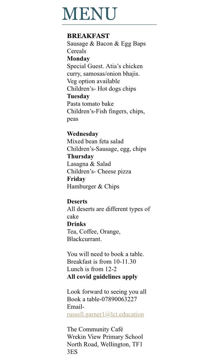 ShanMarshMellow's tweet photo. Are you and your family someone in need of food? Don’t threat, Wrekin View’s very own Community Café is heading back this summer for 2 weeks only! (Starting the 26th July). To book call: 07890063227, swipe to see the menu!

@telfordlive @ShropshireStar @TelfordWrekin #wrekinview https://t.co/LaWaNrdvmX