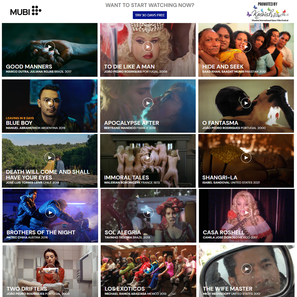 KashishFilmFest's tweet photo. Check out the exciting films playing as part of PRIDE UNPREJUDICED: LGBTQ+ CINEMA collection on MUBI.
@KashishMIQFF  is collaborating with @mubiindia to bring you this exciting collection with a FREE Trial offer for 30 days. 
Use this link: https://t.co/cCkkpGdbwX
 #queercinema https://t.co/JcWtSppUxB