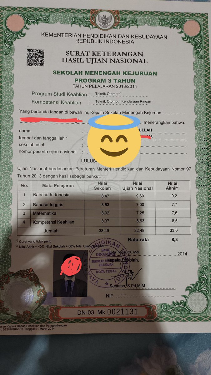 dearzkan's tweet photo. @mintblowing @alterdeego @yeolgezz @Askrlfess Maaf mau nanya. Kalau dr ijazah ini nilai rata2 nya yg mana ya? https://t.co/UKwe7qd52V