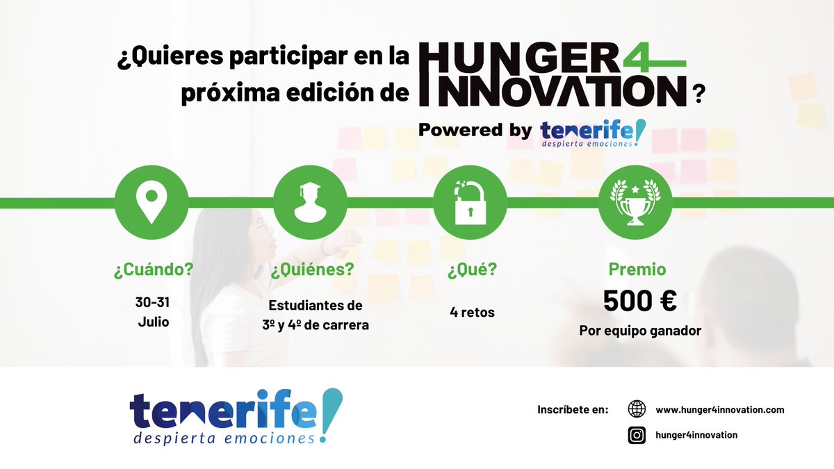 Nosotros ya nos hemos apuntado a la 6ª edición de Hunger4Innovation ¿y tú?💪

🥇 Una competición de innovación online, los días 30 y 31 de julio en la que Turismo de Tenerife presentará 4 retos reales a estudiantes universitarios. ¡Solo pueden participar 100!

#SoyUECanarias