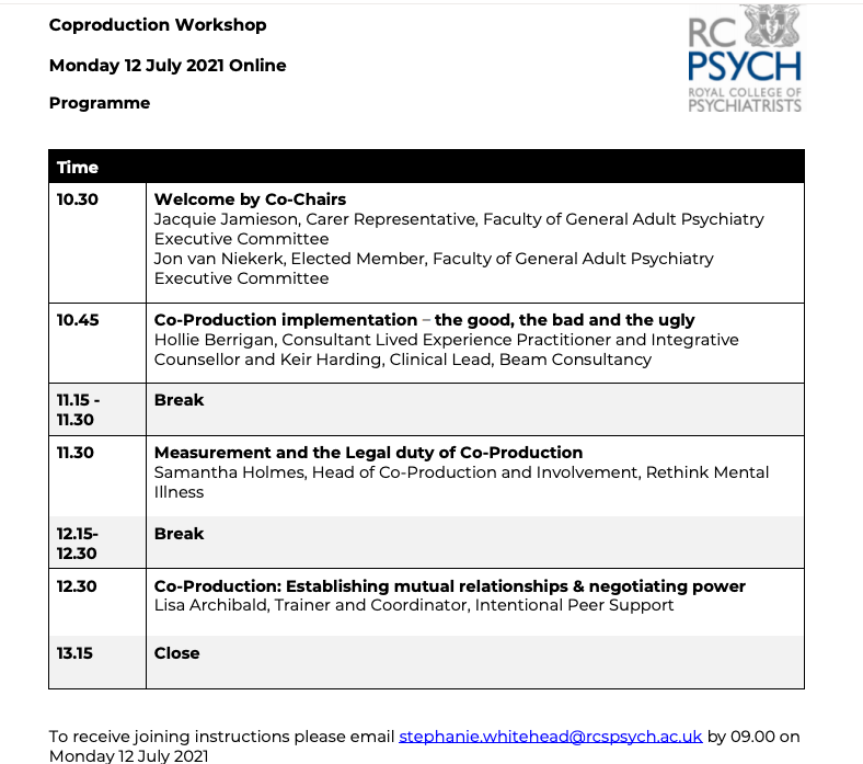 Keirwales's tweet photo. Free workshop on Co-Production in Mental Health hosted by @rcpsychGAP Mon July 12th

You can hear me and @HoppyPelican sharing our worst coproduction experiences and reflecting on the fear inherent in sharing power.  

Email the address in the photo to book a place. :-)
@rcpsych https://t.co/ROyRnZtvXr