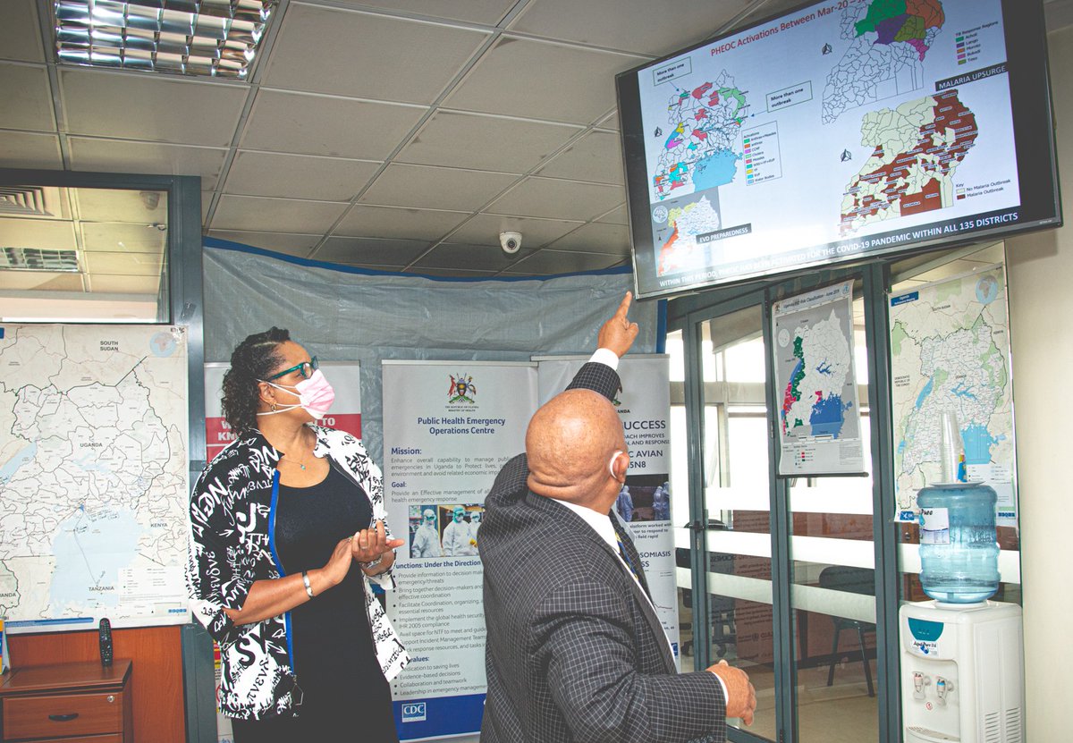 USAmbUganda's tweet photo. Great to meet the hardworking teams at the Public Health Emergency Operations Center where 🇺🇬’s #COVID19 response is coordinated. 🇺🇸 Mission staff are working🤝w/ 🇺🇬 health professionals to prevent, detect, & respond to COVID-19. Together WE WILL bring this pandemic to an end.💪🏽 https://t.co/fKaJ4yBit4