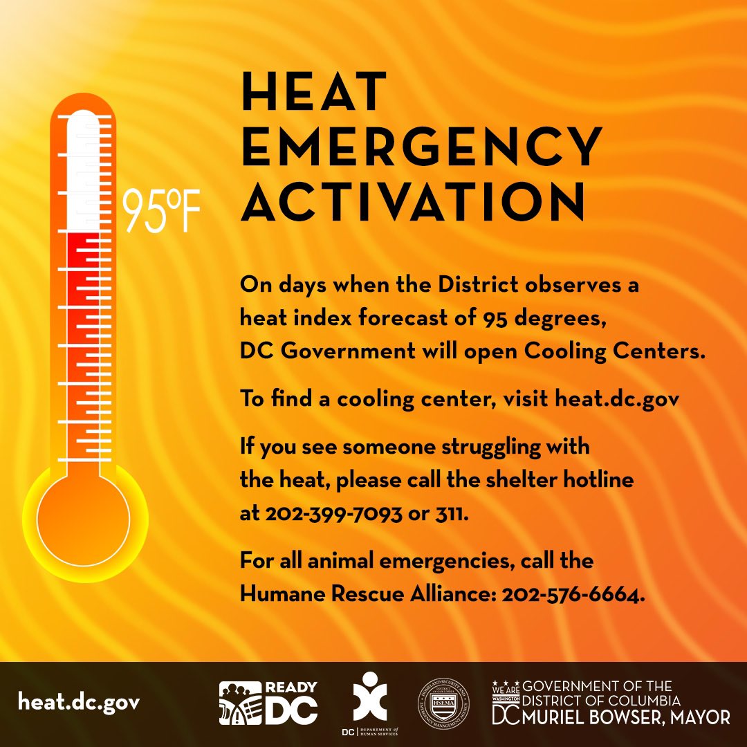 DC_HSEMA's tweet photo. (7/7 at 8:10AM) The Heat Emergency continues today, July 7, for the District of Columbia. Heat index of 95 degrees is expected. Visit https://t.co/URE9GBfN7u to find a cooling center near you. Find tips to beat the heat at https://t.co/hjWz8VoxZY. https://t.co/eHECYYnXbp