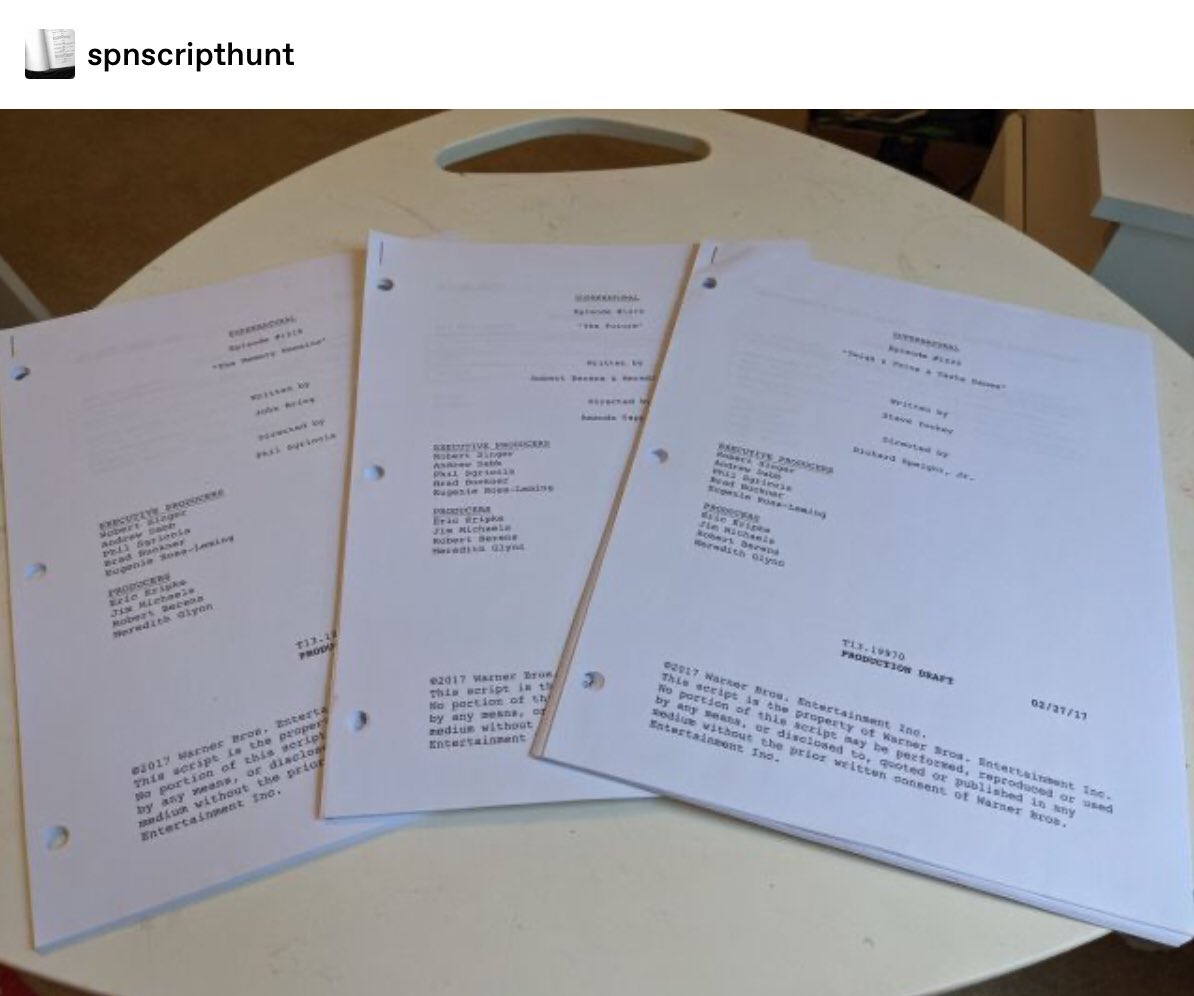 irvnstark's tweet image. script reveals incoming at 9pm BST / 4pm EDT / 1pm PDT [shared with permission]

12x18 - The Memory Remains
12x19 - The Future
12x20 - Twigs &amp;amp; Twine &amp;amp; Tasha Banes

spnscripthunt.tumblr.com/post/656051319…
